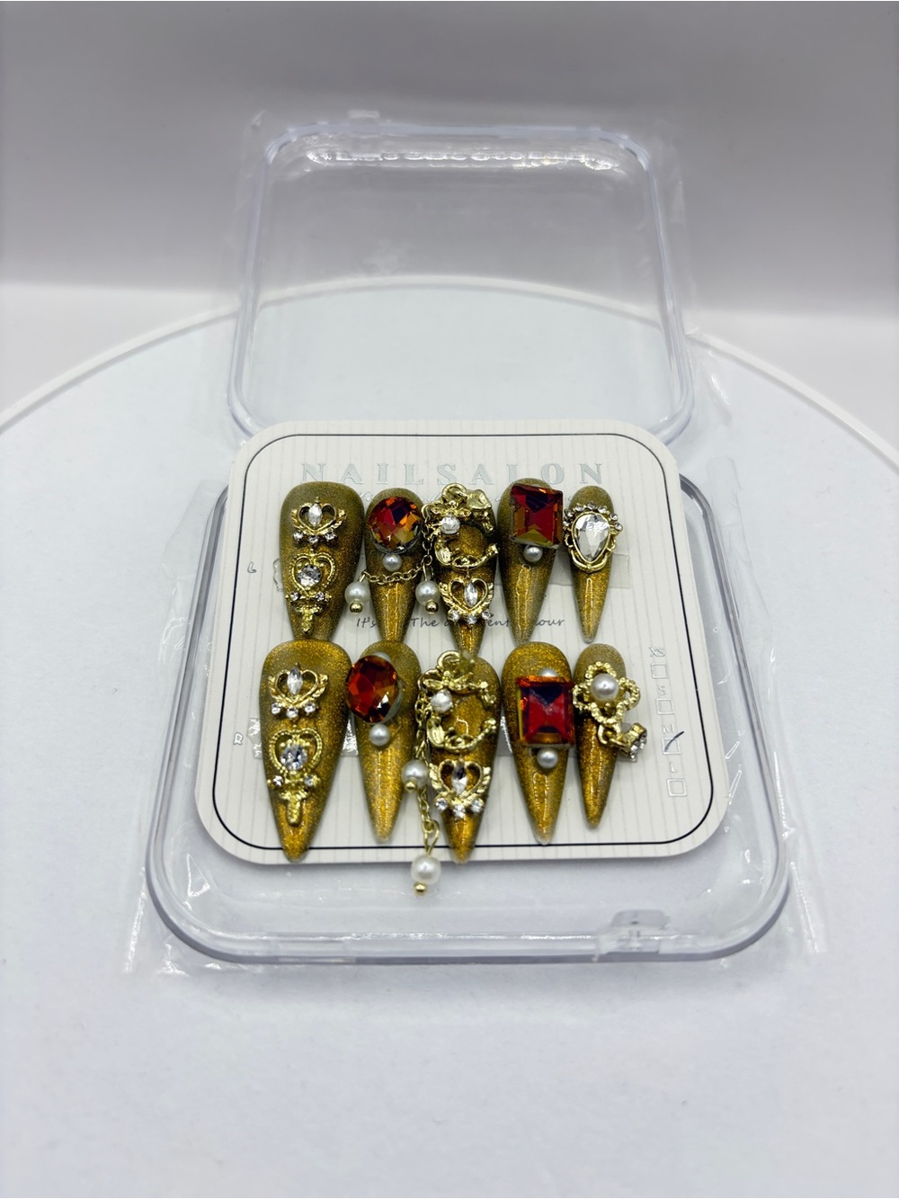 Y2K Handmade Gold Embellished Stiletto Press-On Nails with Red & Pearl Gems